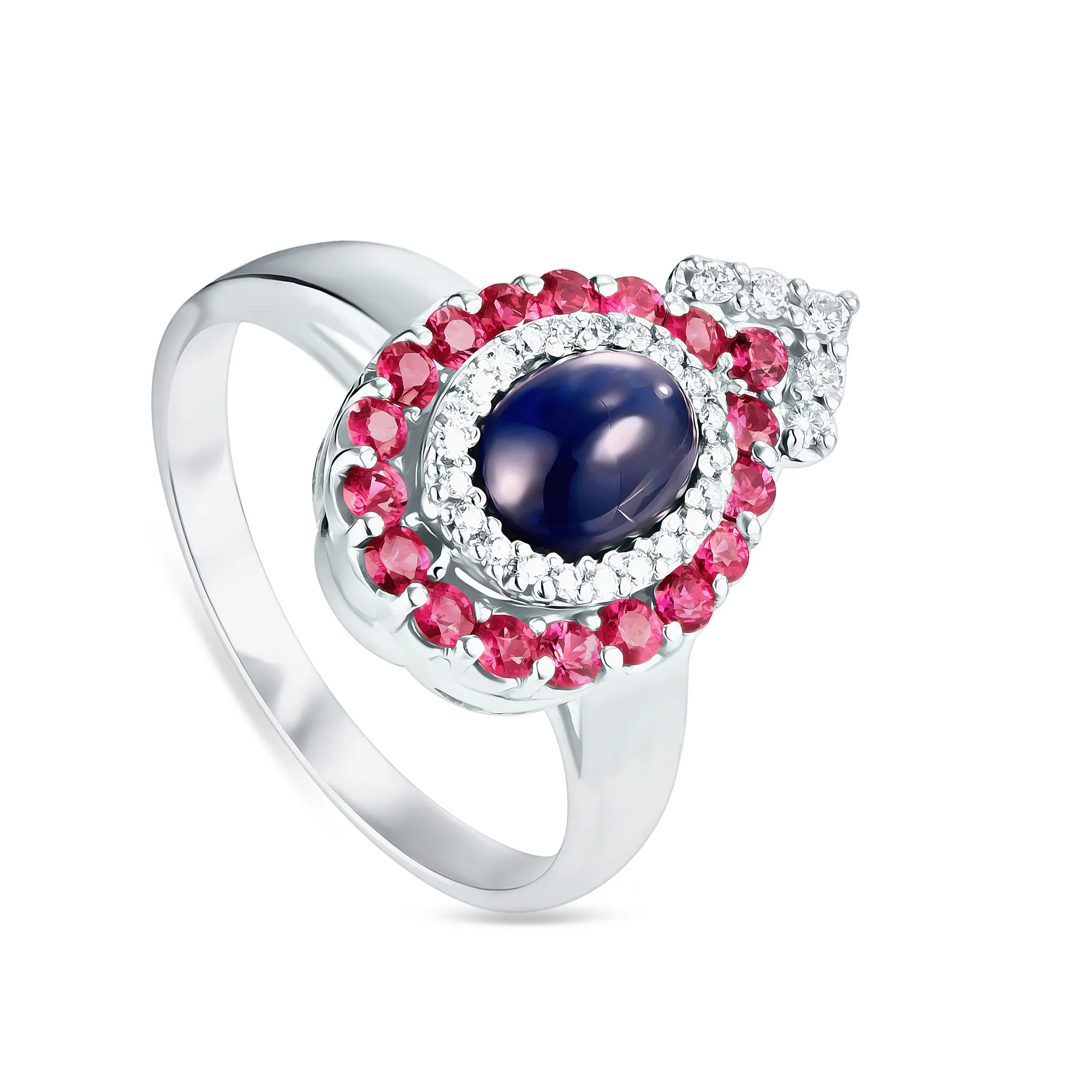 Женское кольцо из золота с бриллиантом, рубином и сапфиром