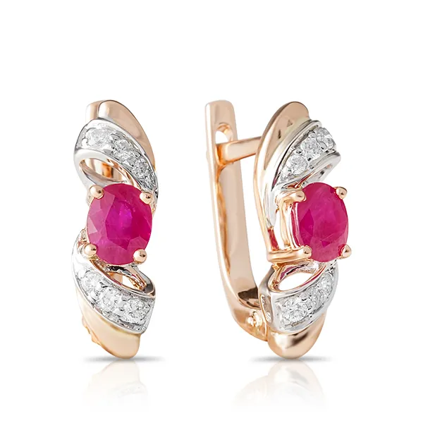 Женские серьги из золота с бриллиантом и рубином