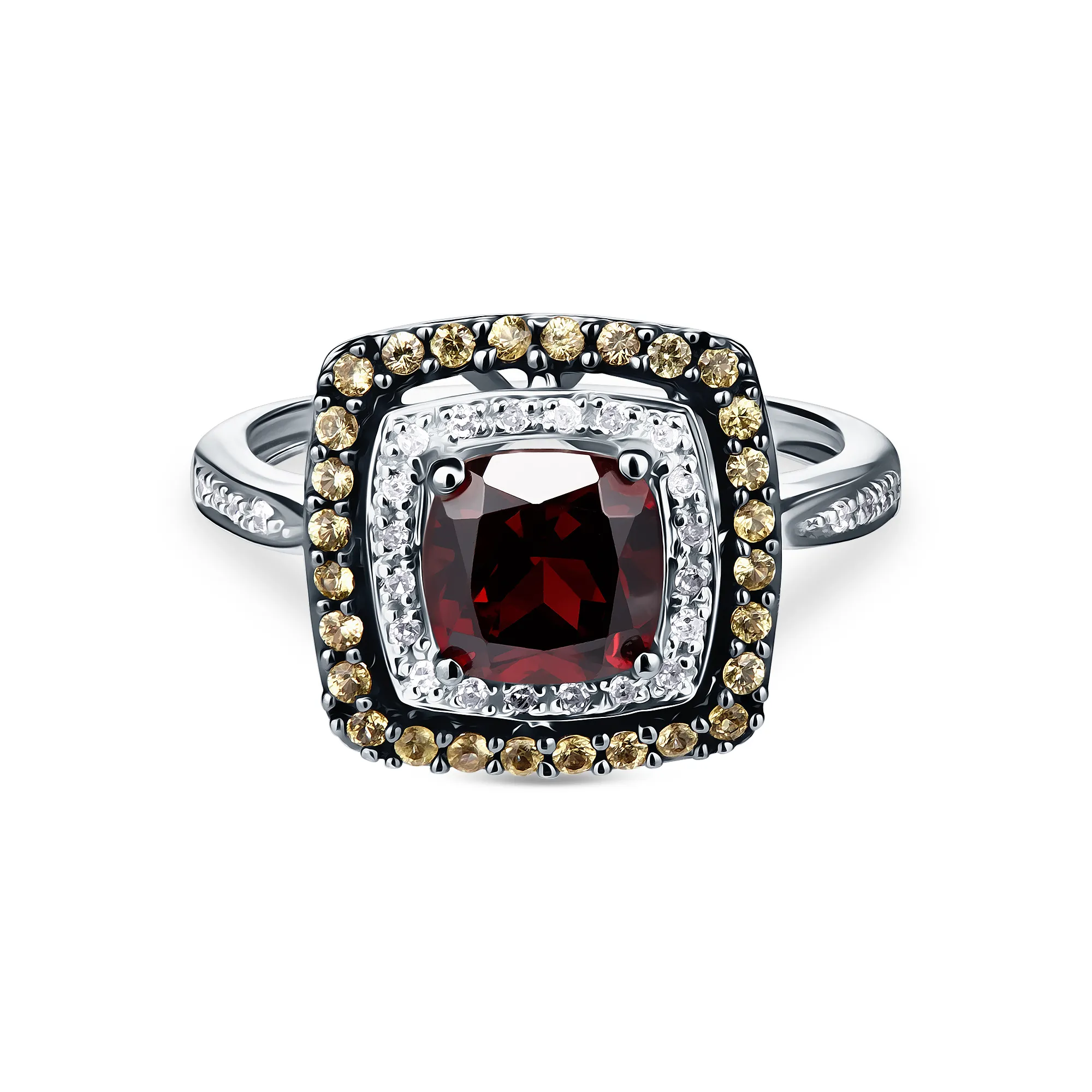 Женское кольцо из золота с бриллиантом, гранатом и сапфиром