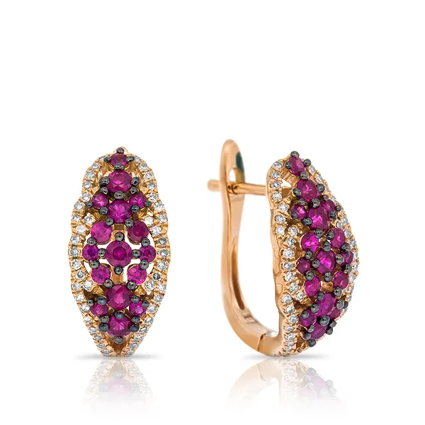 Женские серьги из золота с бриллиантом и рубином