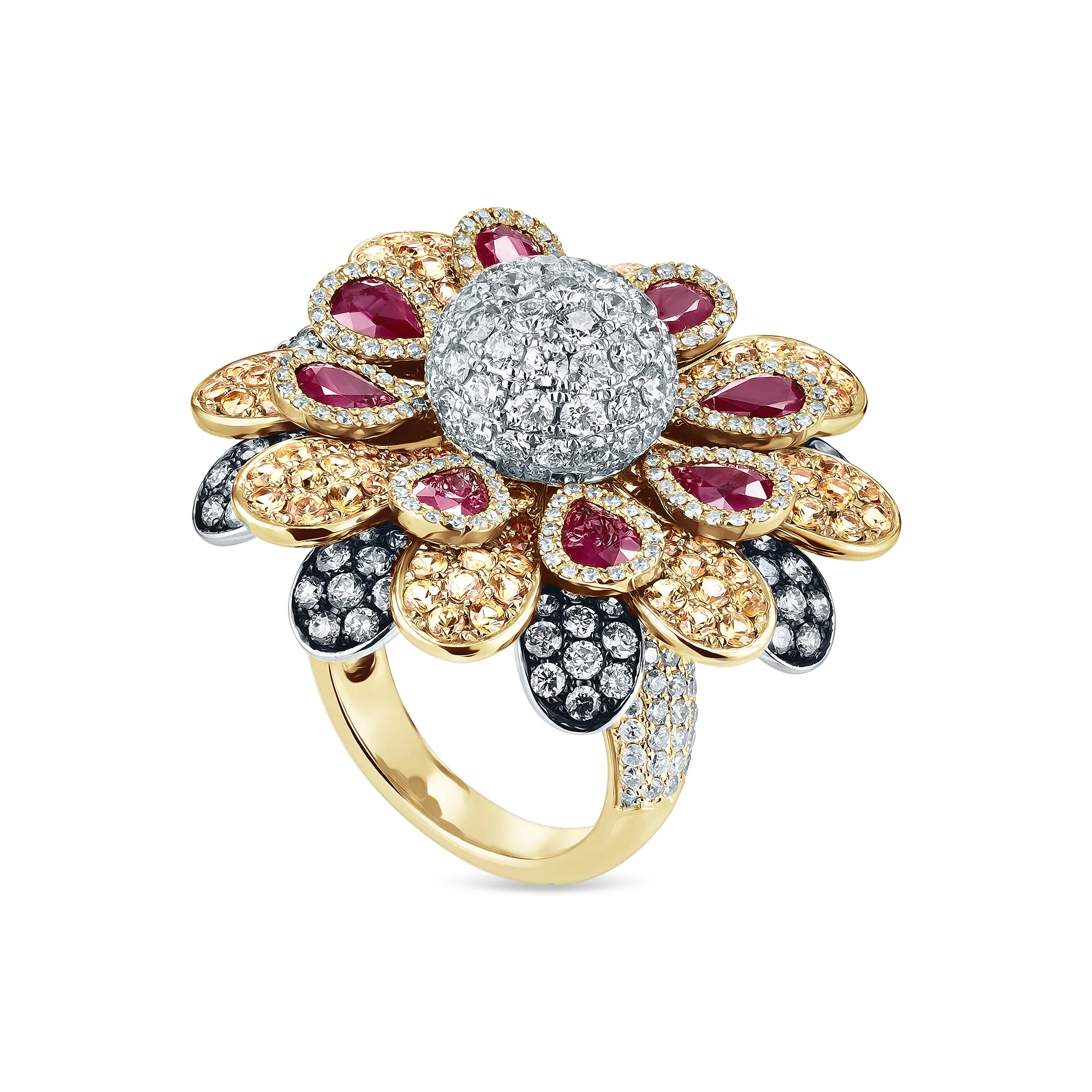 Кольцо из золота с бриллиантом, рубином и сапфиром