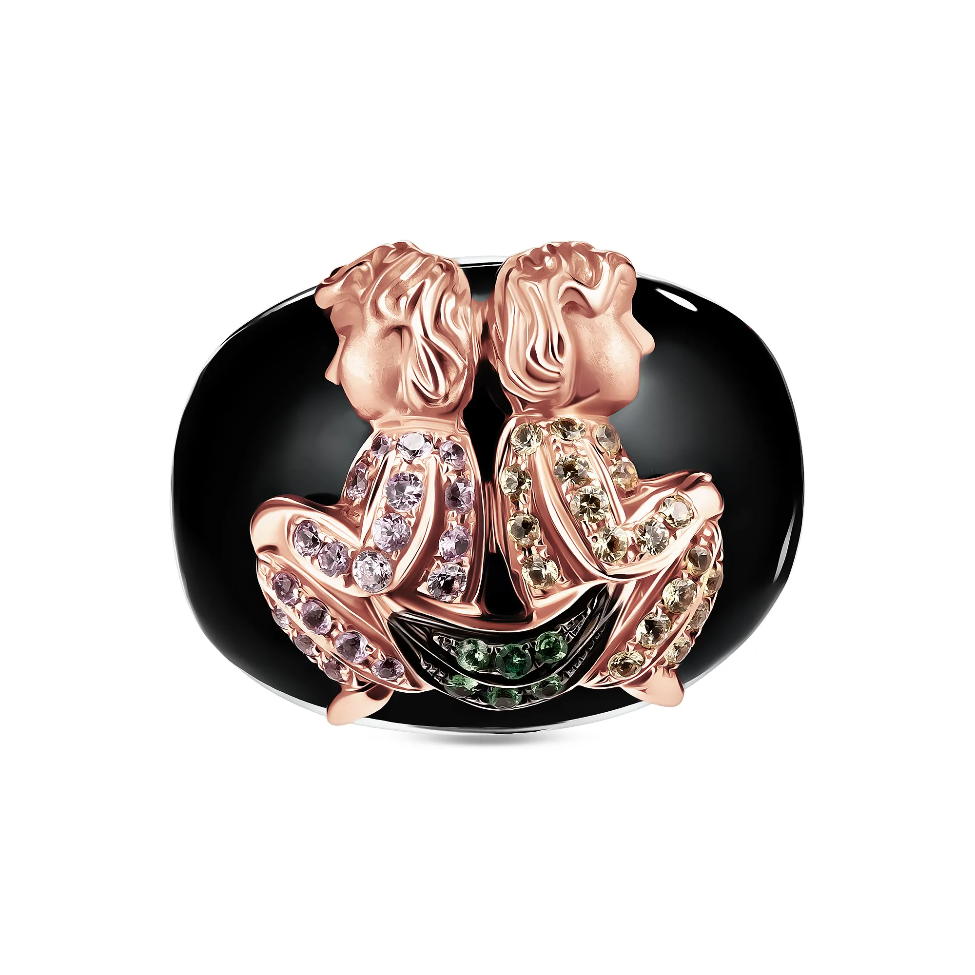 Женское кольцо из золота с гранатом, ониксом и сапфиром