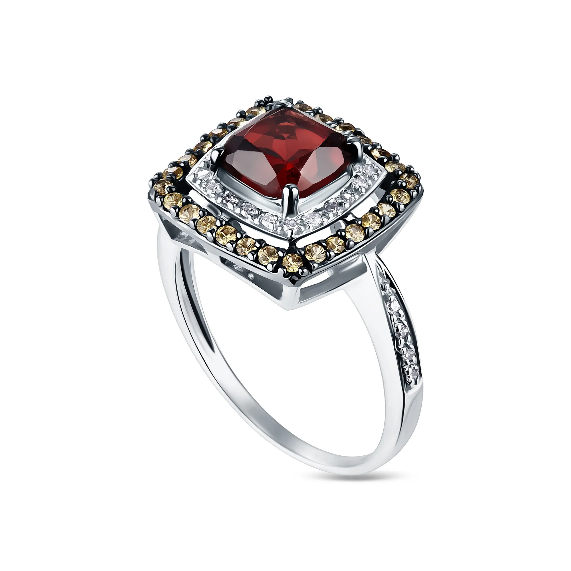 Женское кольцо из золота с бриллиантом, гранатом и сапфиром