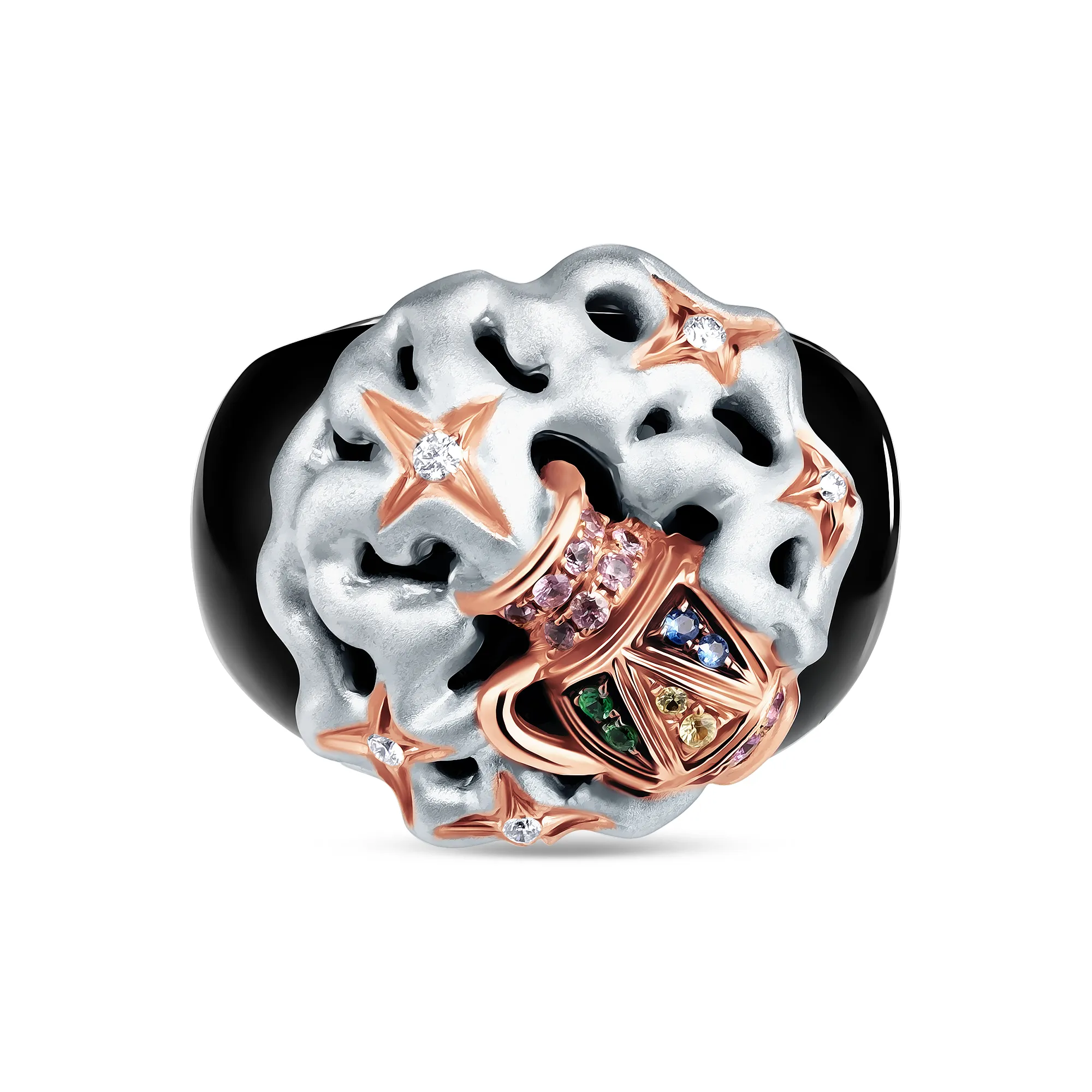 Женское кольцо из золота с бриллиантом, гранатом, ониксом и сапфиром