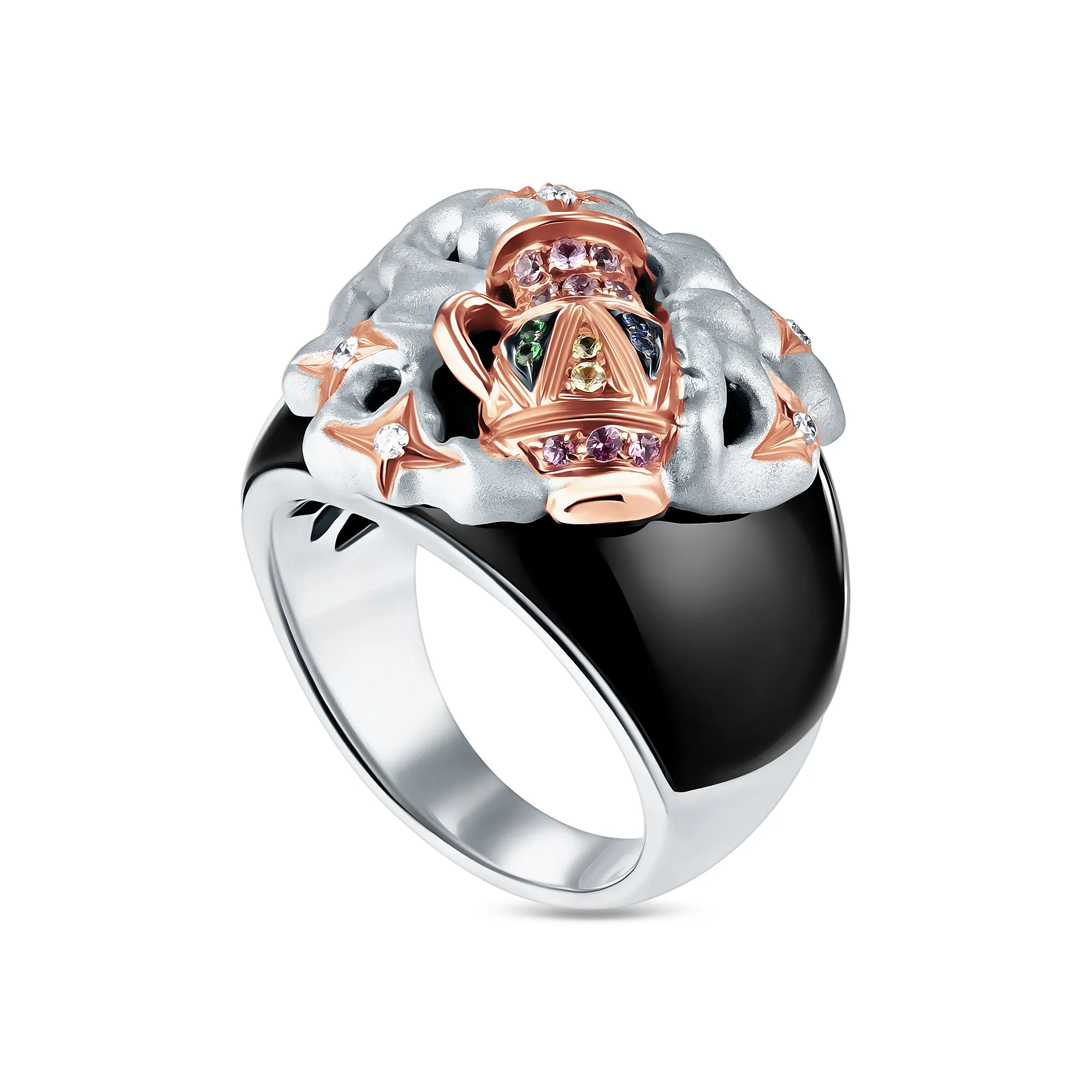 Женское кольцо из золота с бриллиантом, гранатом, ониксом и сапфиром