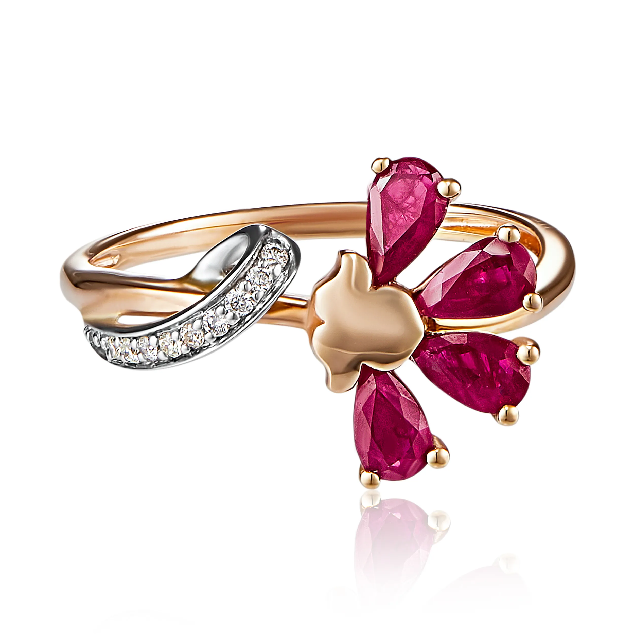 Женское кольцо из золота с бриллиантом и рубином