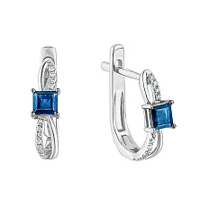 Женские серьги из белого золота с бриллиантами круглой огранки и сапфиром огранки квадрат